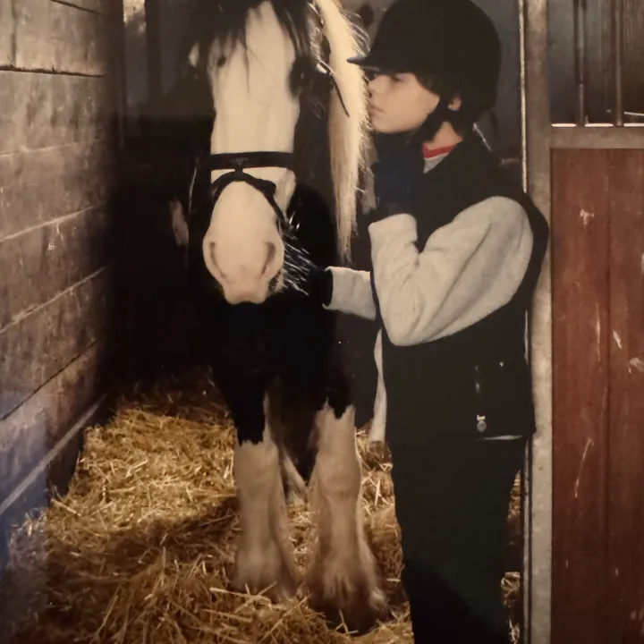 Kind putzt ein geschecktes Pferd in einer Stallbox